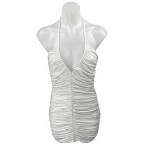 Superdown White Sleeveless Ruched Plunge V-neck Halter Tie Mini Bodycon Dress M